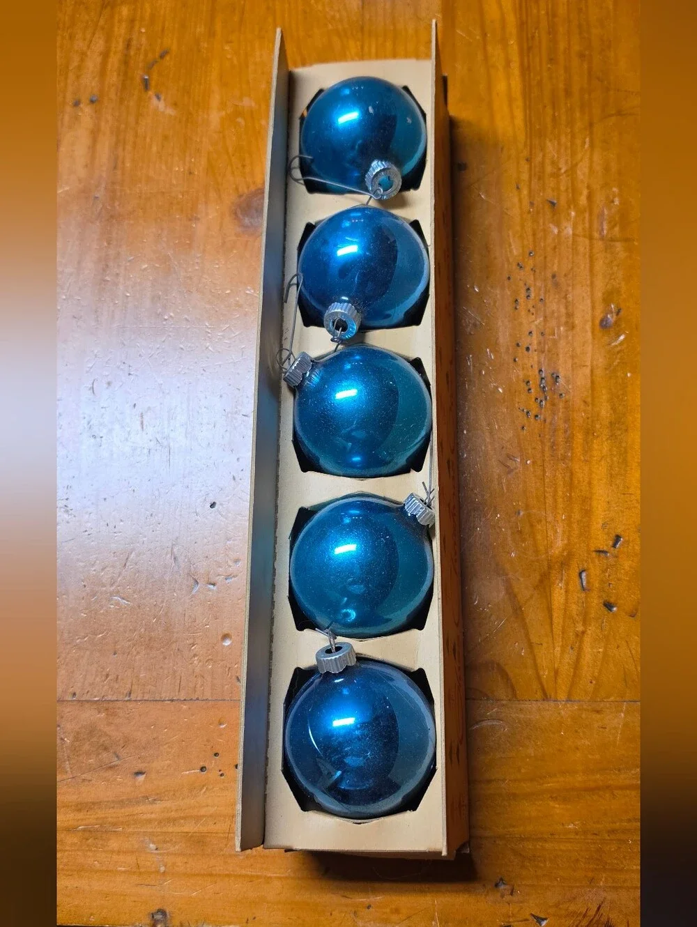 Vintage Shiny Brite Blue Glass Christmas Tree Ornaments - Set of 5  In Box